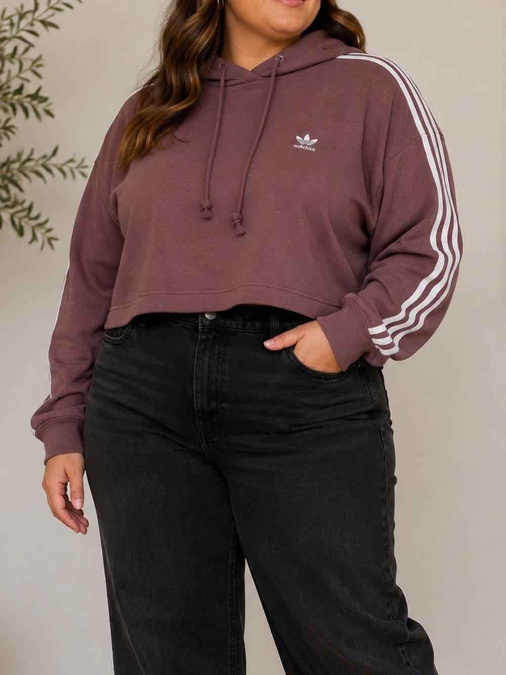 adidas Cropped Hoodie in Mauve with White Sleeve Stripes